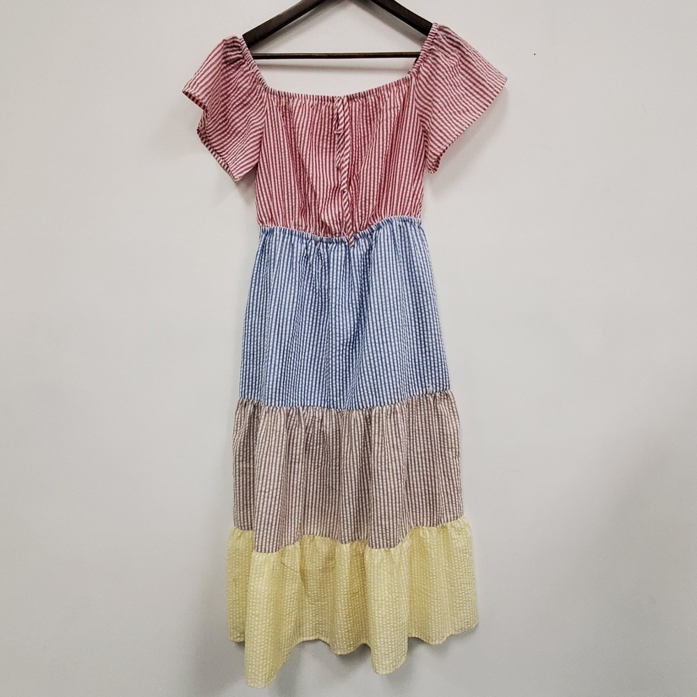 Urban Outfitters Tiered Rainbow Patchwork Dress Size S Square Neck Nantucket